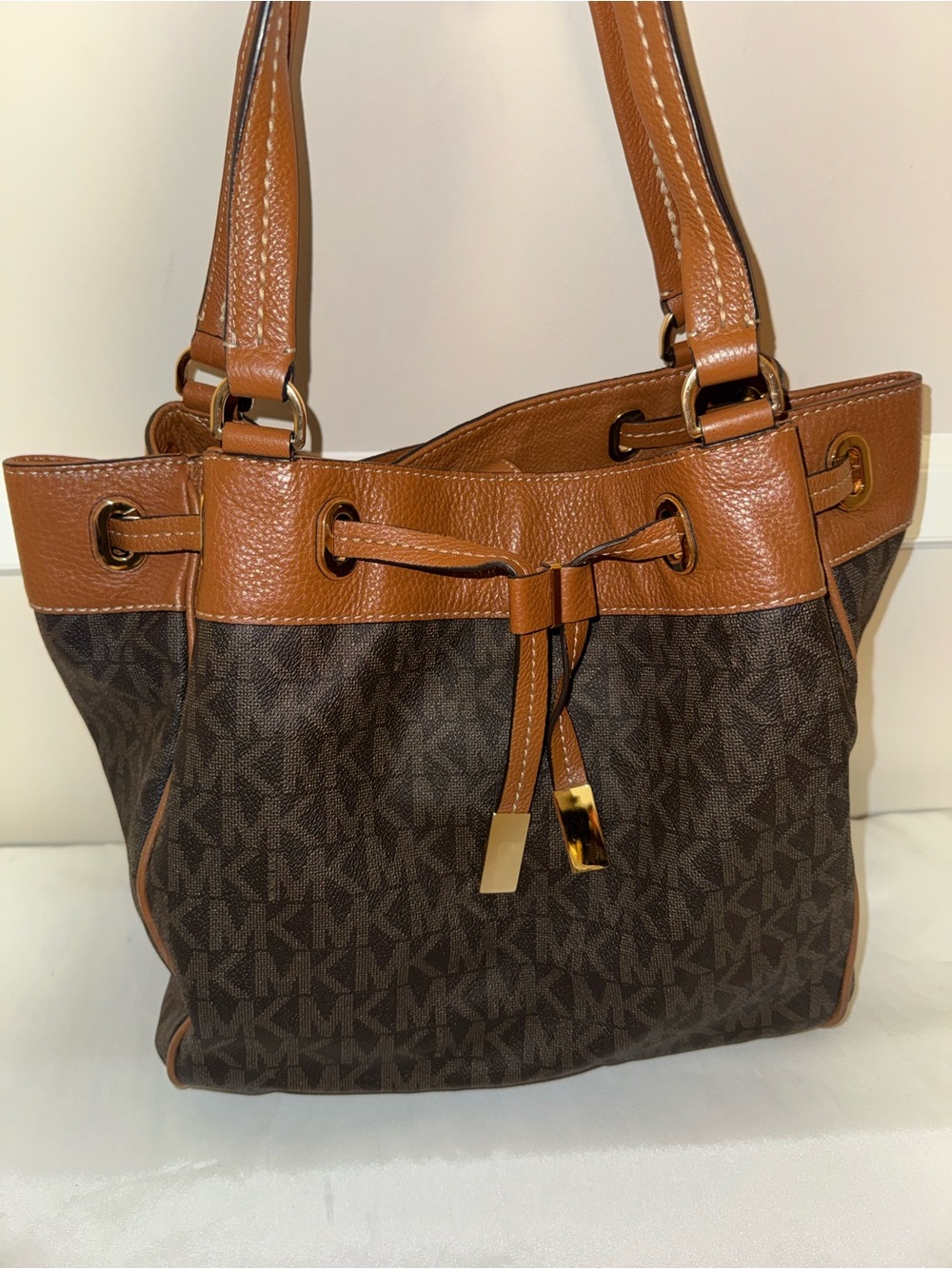 Michael Kors Dark Brown Logo Drawstring Shoulder Tote with Tan Trim